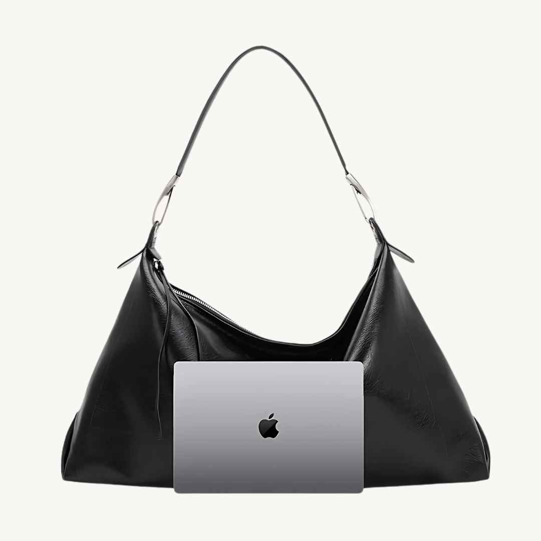 luxury vegan tote bag in black by Melie Bianco compared to a tablet