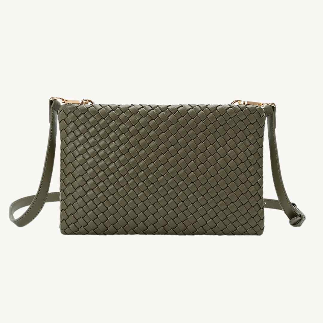 woven bag oversized clutch that converts into a vegan crossbody bag in olive