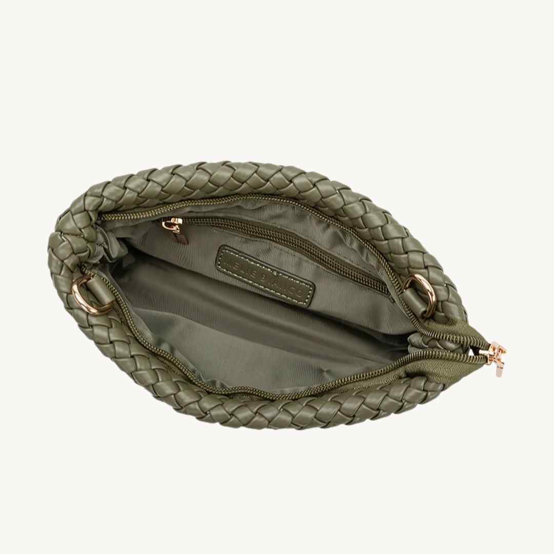 woven bag oversized clutch that converts into a vegan crossbody bag interior view