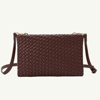 woven bag vegan oversized clutch that converts into a vegan crossbody bag with detachable strap in espresso