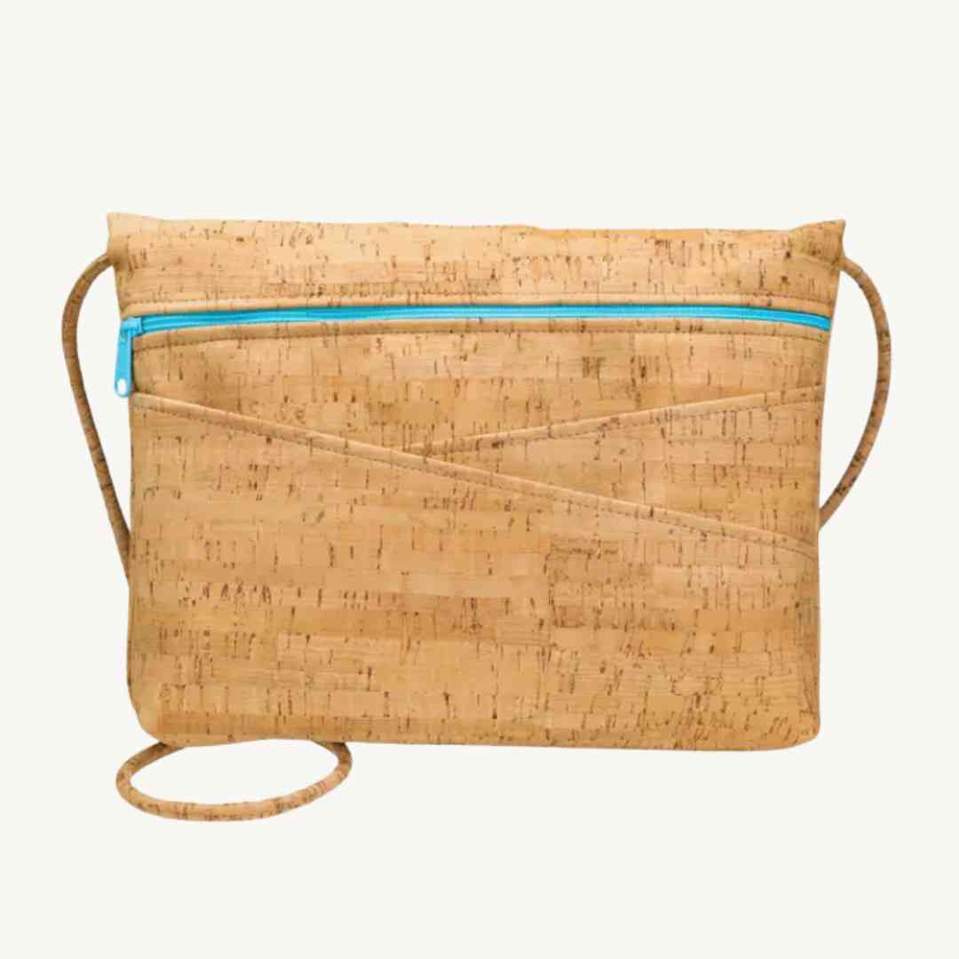 Cork leather vegan crossbody bag messenger style in aqua