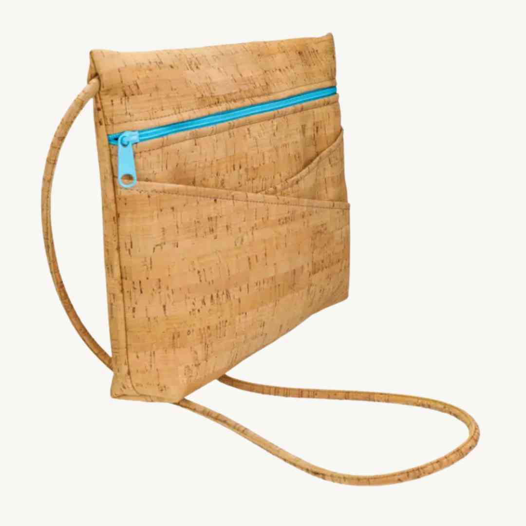 cork leather crossbody vegan bag with aqua zipper